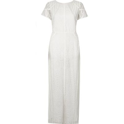 Cream embroidered short sleeve maxi dress